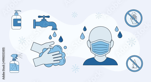 Hygiene and protection against viruses: washing hands, wearing mask, sanitizing