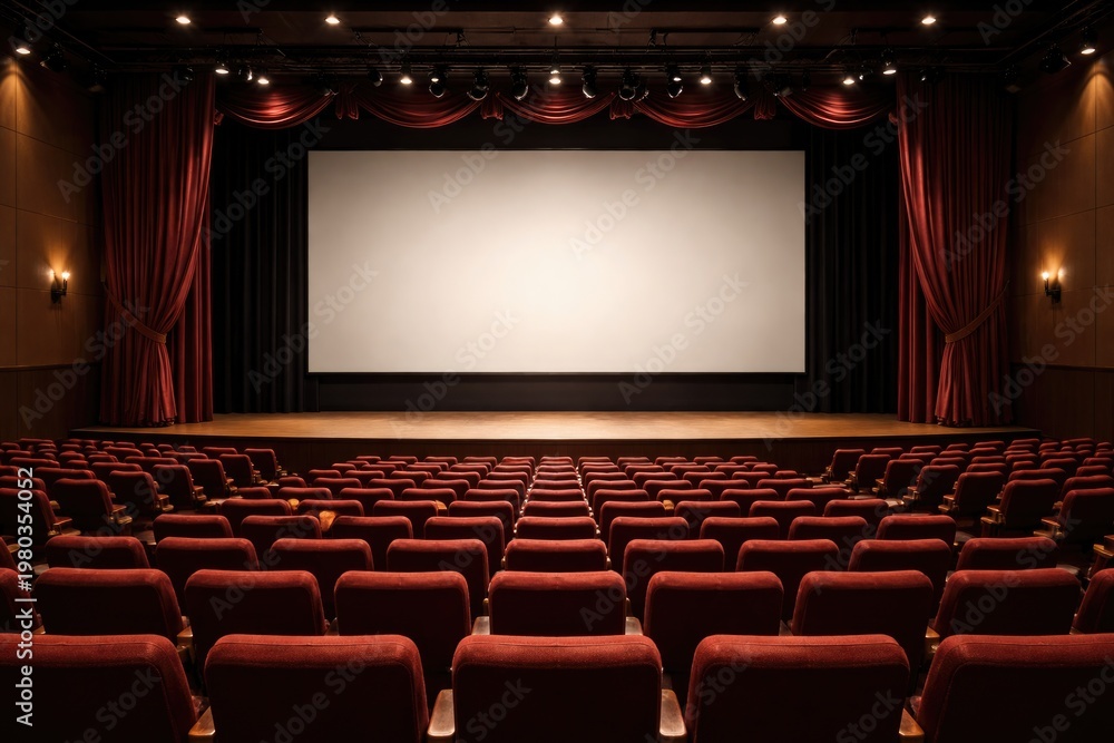 Fototapeta premium Empty auditorium with rows of plush red theater seats facing a blank stage and projection screen