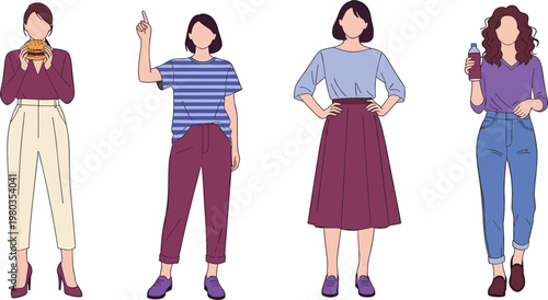 Modern faceless women characters in various casual outfits eating burger drinking water and gesturing standing isolated on white background vector illustration