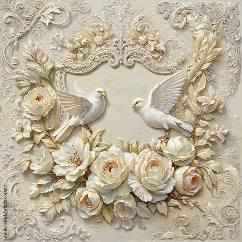 3D White Rose and Dove Floral Frame Relief Art