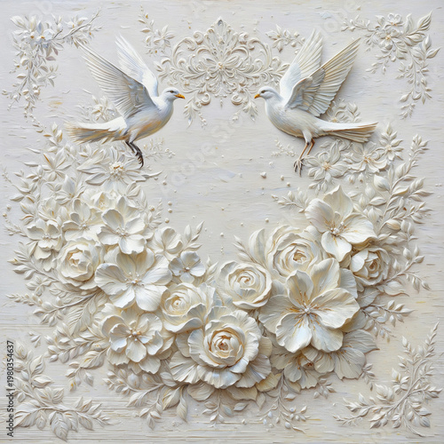 3D White Rose and Dove Floral Frame Relief Art