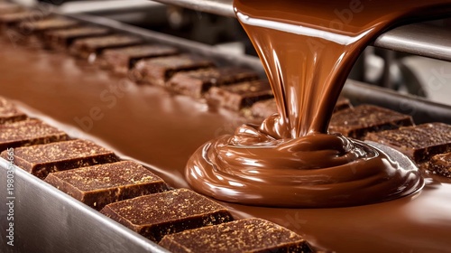 Liquid Chocolate Flowing Smoothly Through Metal Conveyor in Factory Setting