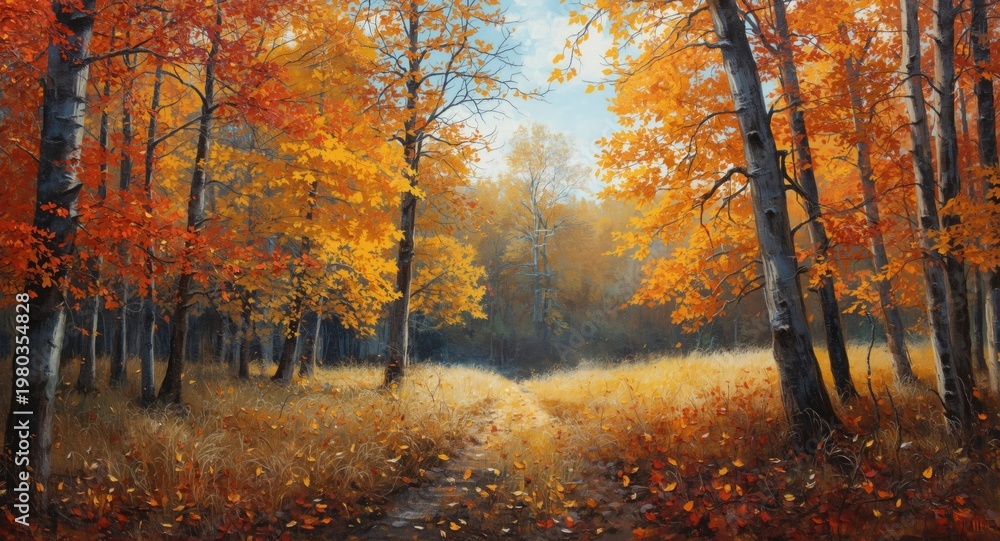 Fototapeta premium Oil painting displaying a bright and dynamic fall forest landscape with seasonal detail
