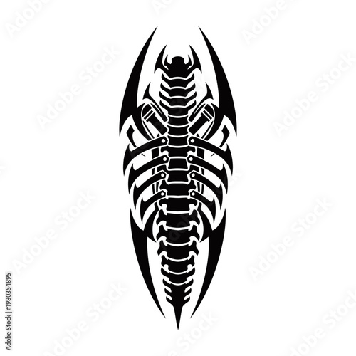 Stylized tribal art design resembling a segmented spine or insect exoskeleton in black and white, with sharp, angular elements.