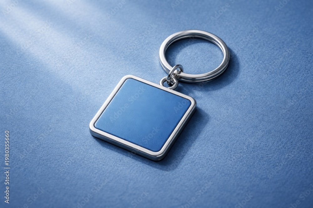 Fototapeta premium blue square keychain on a solid blue textured background with soft daylight