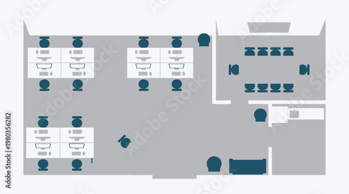 Modern Office Floor Plan Illustration - Top Down 2D Flat Design Architecture Layout for Business Workspace and Coworking Environment