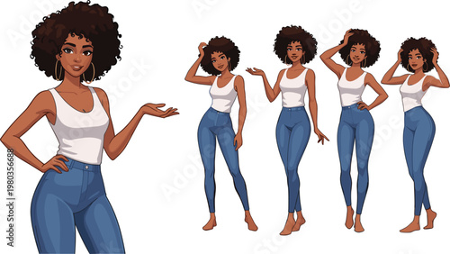 Beautiful young African American woman with afro hair wearing white tank top and blue jeans in various standing poses isolated on white background vector illustration