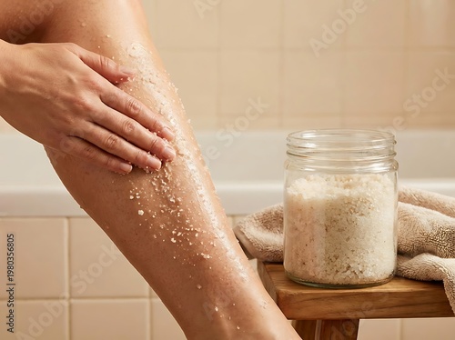 Woman exfoliating leg with salt scrub in the bathroom for smooth skin care