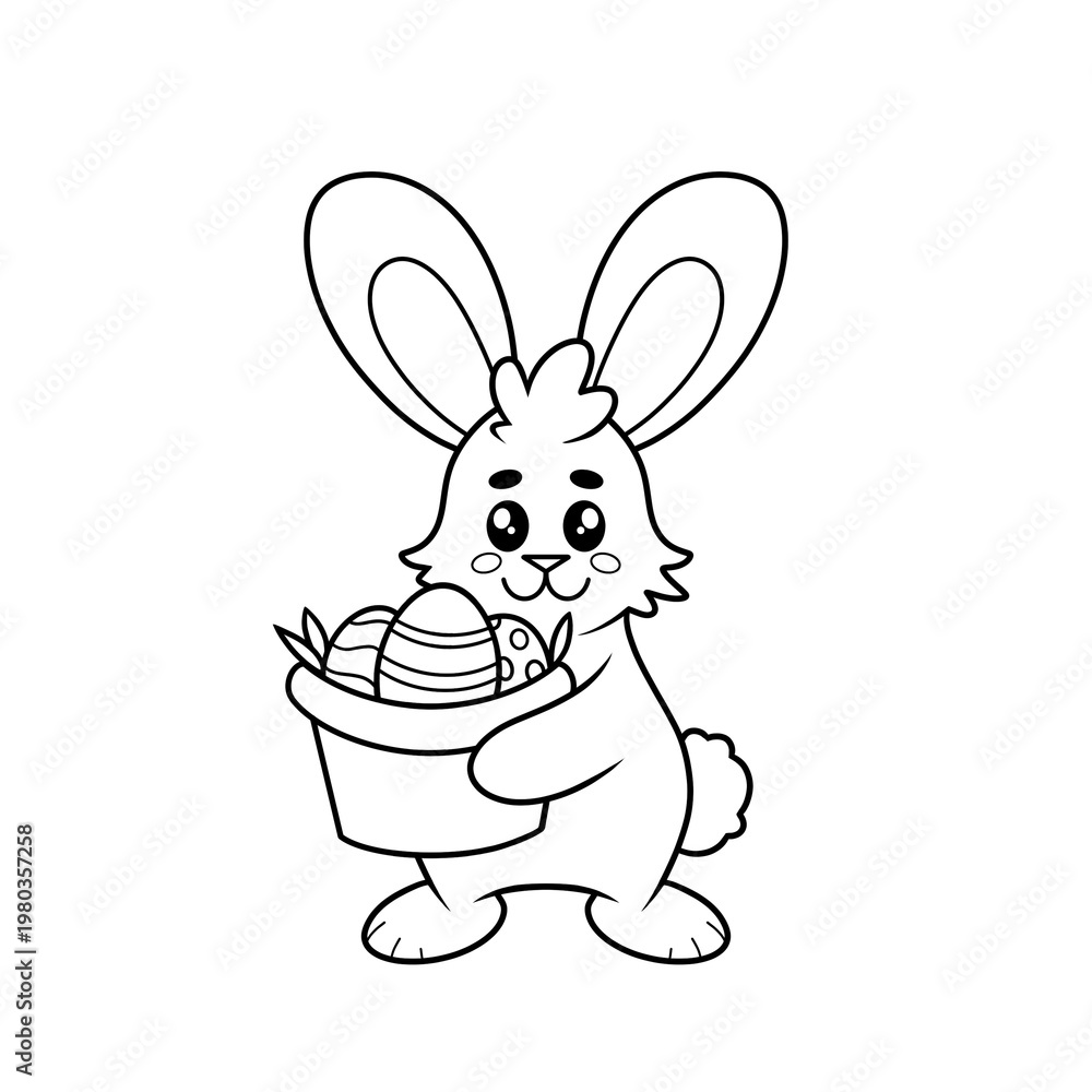Fototapeta premium Cute Easter bunny rabbit holding a basket with Easter eggs hand drawn black and white spring clip art 