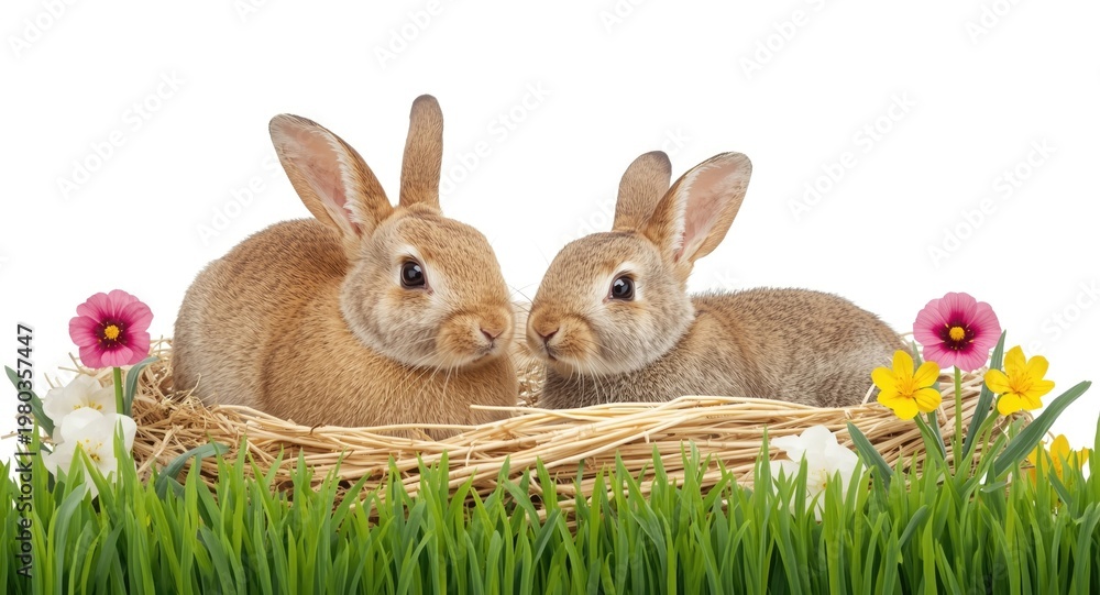 Fototapeta premium Two playful rabbits resting in hay with spring flowers and fresh grass on white background