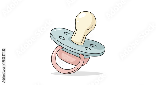 Baby pacifier with pink ring and blue shield.