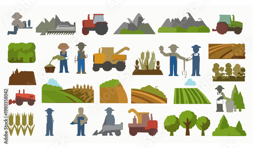 Farm life rural workers and field elements vector illustration set