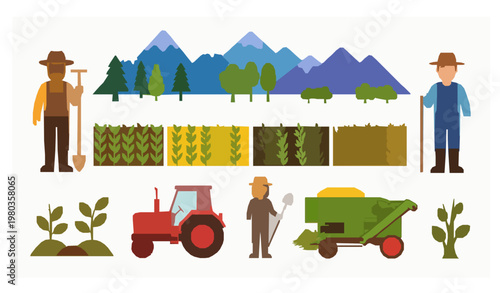 Agriculture village workers field and machinery cartoon vector set