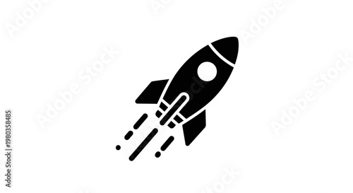 Black rocket ship icon blasting off with motion lines.