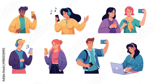 Diverse Gen Z individuals depicted in a colorful vector illustration, are each engrossed in their smartphones or laptop against a white background, conveying a vibrant, modern lifestyle