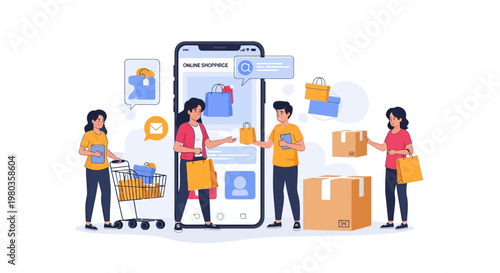 A vibrant vector illustration depicts a diverse group of people shopping online via a large smartphone interface, surrounded by packages and shopping carts, set against a clean white