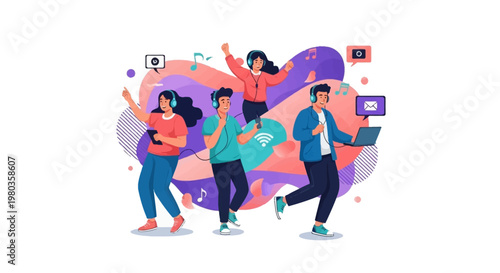 A vibrant vector art illustration depicts a Gen Z group of people joyfully dancing and interacting with technology against a white background, with a colorful and energetic mood