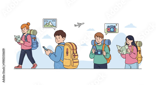 A diverse group of young travelers, depicted in a bright and modern vector illustration, are navigating with maps and smartphones, while carrying backpacks and imagining travel destinations
