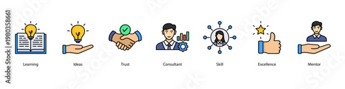 Personal Growth web banner icon vector illustration featuring Learning, Ideas, Trust, Consultant, Skill, Excellence, and Mentor for career and self-development.