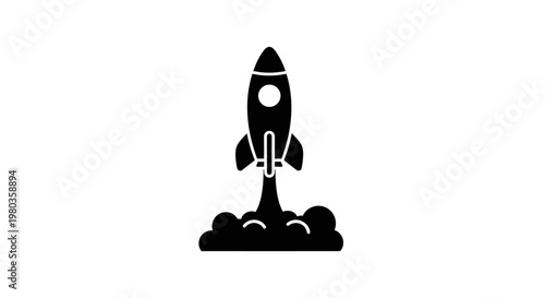 Black silhouette of a rocket ship launching into space with smoke.