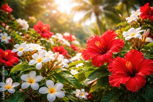 Vibrant red and white tropical flowers blooming in lush garden during summer and spring