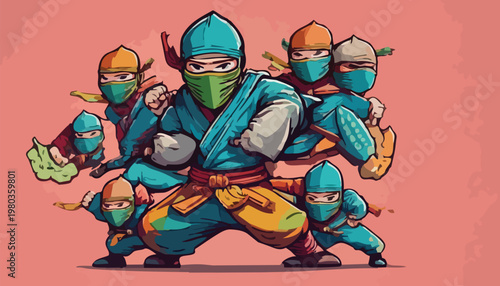 Cartoon Ninja Team Ready for Action in Dynamic Pose.