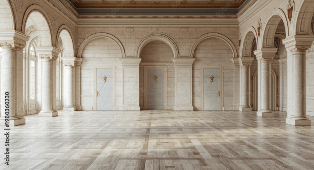 Fototapeta premium Spacious empty room highlighted by classic architectural columns and harmonious arched doorways