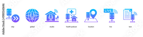 Global Podcasting web banner icon vector illustration featuring skip, global, studio, health podcast, location, live, and text for international audio broadcasting.