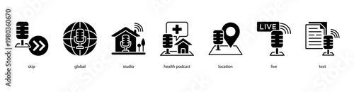 Global Podcasting web banner icon vector illustration featuring skip, global, studio, health podcast, location, live, and text for international audio broadcasting.