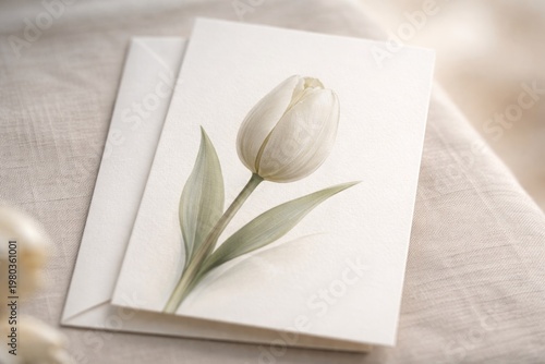 Close up of a white tulip bud on a minimalist floral greeting card with fine art style