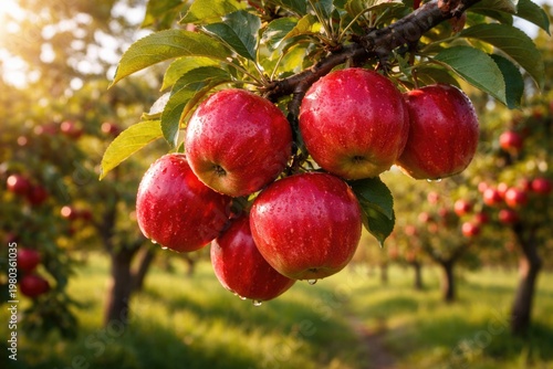 A group of shiny ripe apples dangling from a tree branch in a fruit orchard