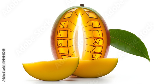  Futuristic concept of a sliced mango revealing a glowing golden internal structure and geometric patterns, high-tech organic fruit art representing biotechnology and nature.