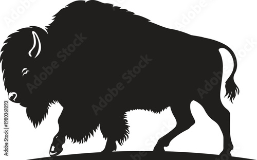 Black silhouette of a bison walking isolated on white background