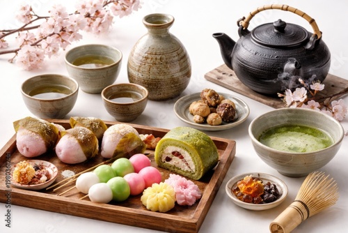 Traditional tea ceremony featuring sake and diverse sweets on a white background highlighting cultural flavors