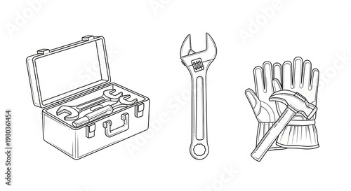 Toolbox with Wrenches, Adjustable Wrench, Hammer and Gloves - Black and White Line Art