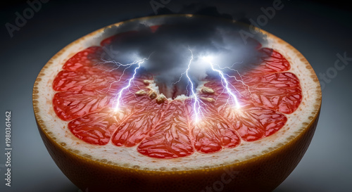 Conceptual food photography of a sliced grapefruit with dark storm clouds and bright electrical lightning bolts flashing inside, creative metaphor for acidic taste and energy.
