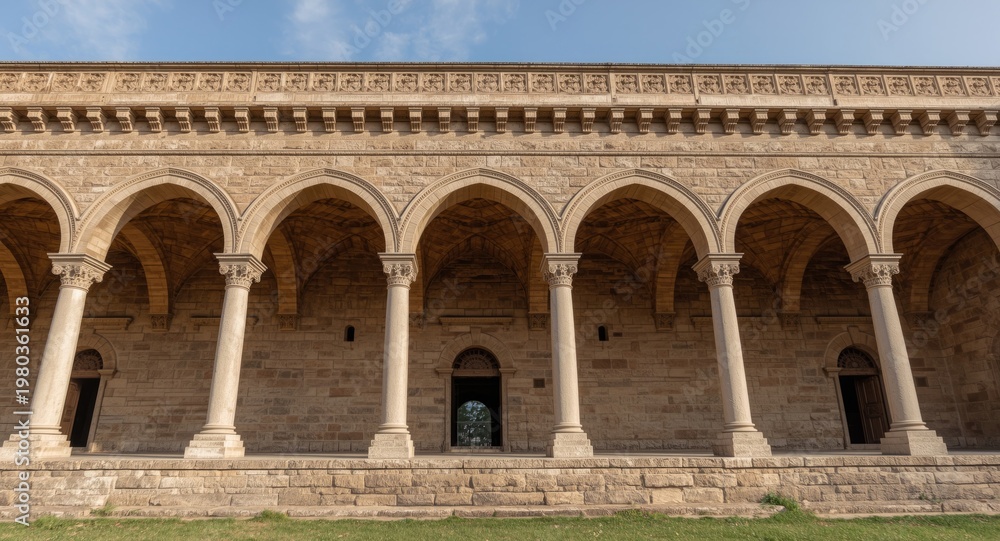 Fototapeta premium Stone building characterized by numerous arches emphasizing classic design elements