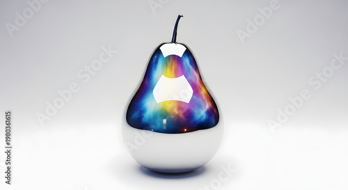 Surreal chrome pear reflecting a colorful cosmic nebula and galaxy in its polished surface, creative concept of space and universe within a simple fruit shape.
