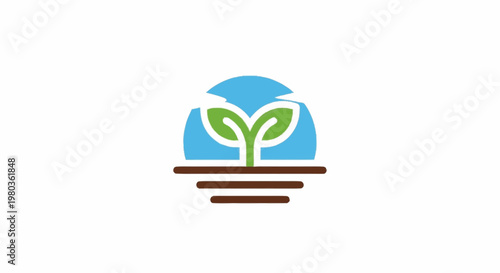 Green sprout growing from soil with sun and water elements.