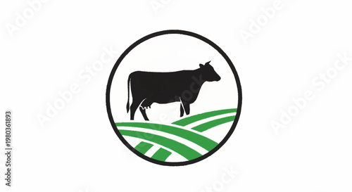Black Cow Silhouette Standing in Green Field Inside Circle.