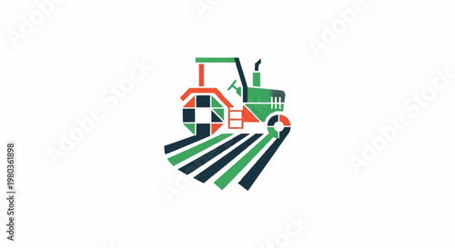 Green tractor plowing a field with colorful stripes.