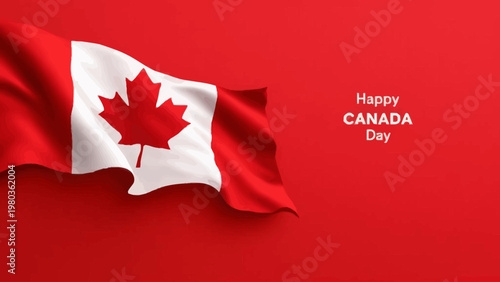Canada Day design featuring waving canada flag with maple leaf and Happy Canada Day text. Modern red background with clean layout for festive greeting and banner use
