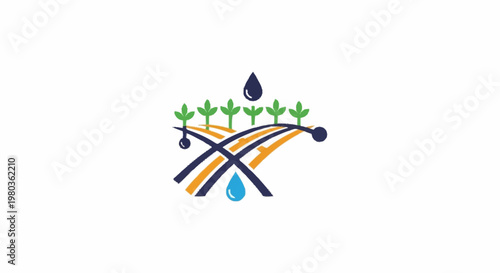 Agricultural irrigation system with water drops and plants logo.