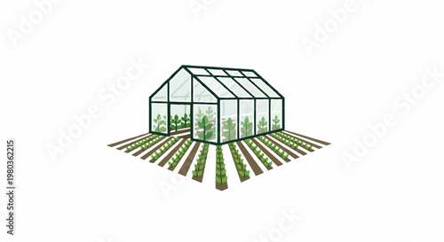 Modern Greenhouse Structure with Rows of Plants Inside.