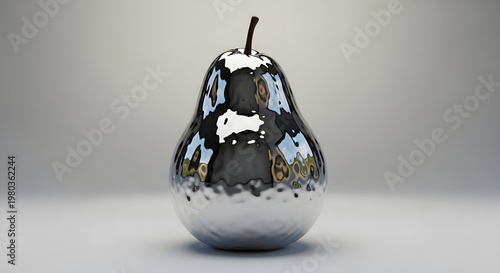 Abstract art sculpture of a metallic silver pear featuring a dual texture of smooth polish and hammered finish, reflective chrome fruit concept on a clean studio background.