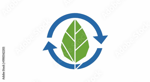 Green leaf inside circular arrows symbol for recycling and nature.