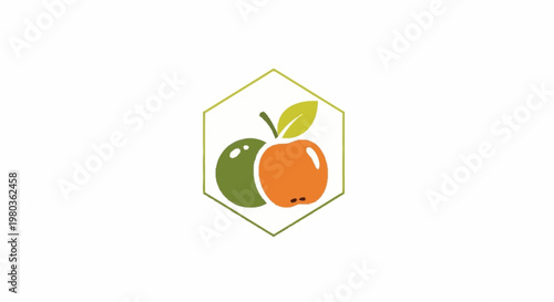 Two fresh fruits an apple and a lime inside a hexagon.