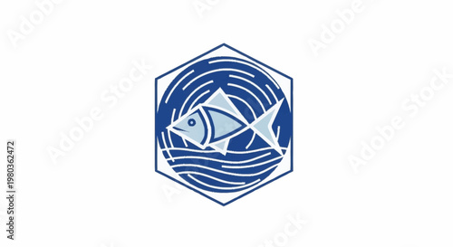Stylized Fish Swimming in Water Inside Hexagon Emblem.