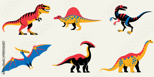 Colorful dinosaur collection including tyrannosaurus sp dinosaurs spinosaur velociraptor pterodactyl