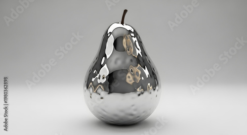Luxury still life of a pear made of polished hammered silver metal with high gloss reflections, minimalist artistic sculpture of fruit on a neutral grey background.